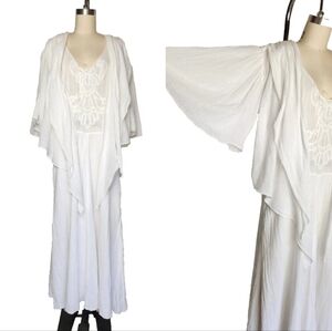 VTG 70s Becky Bisoulis White Cotton Gauze Drop Waist Dress Flutter Angel Sleeves